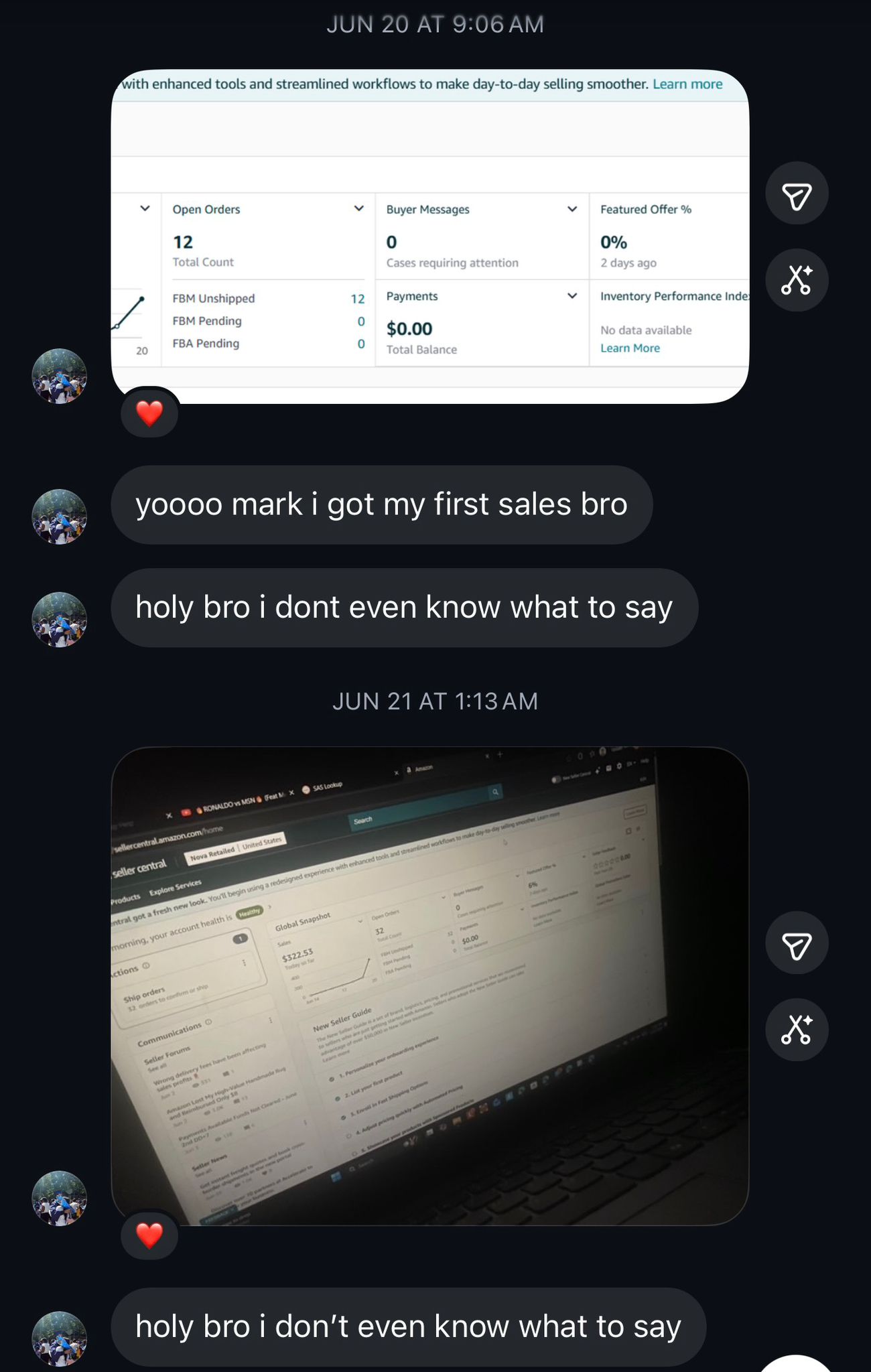 josh dm to mark: first sales day 1, then $322.53 on day 2