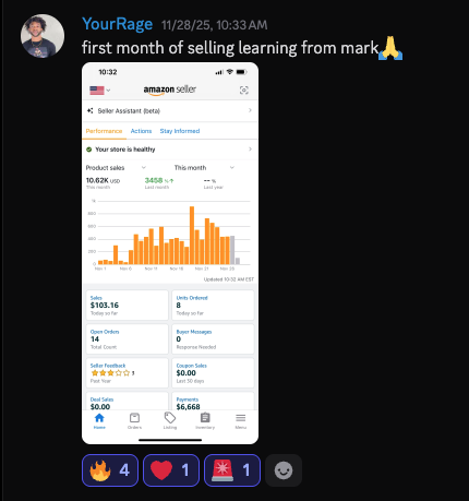 student amazon seller dashboard — first month
