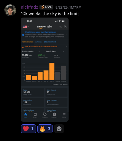 nick $10k week amazon sales screenshot
